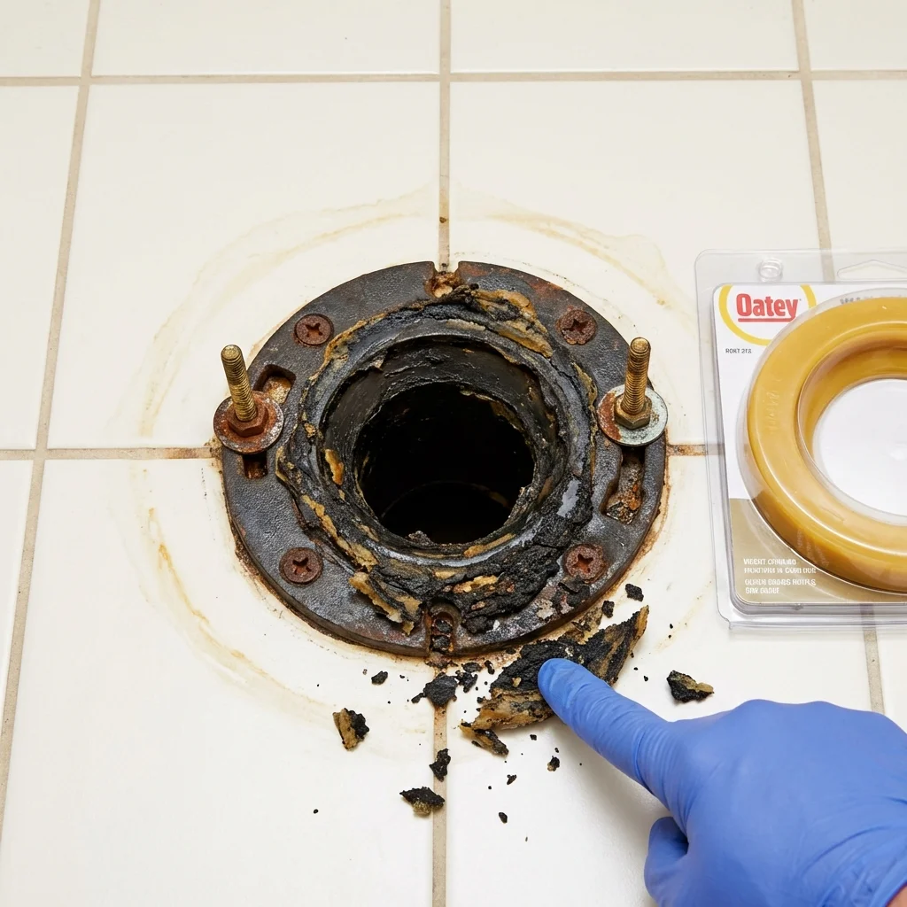 Failed wax ring showing water seepage at the base of a toilet in a Greenbush, ME home