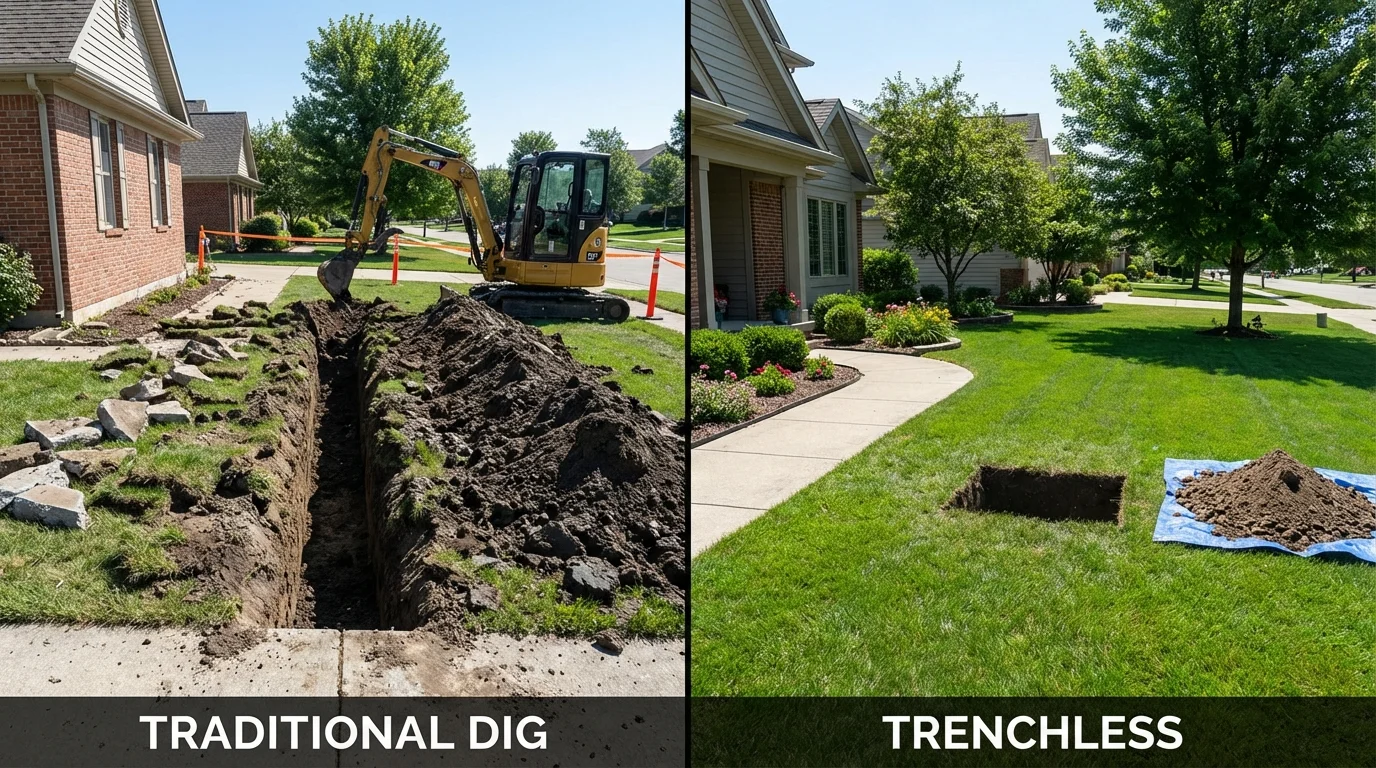 Trenchless sewer repair with minimal yard damage versus traditional excavation in Greenbush, ME